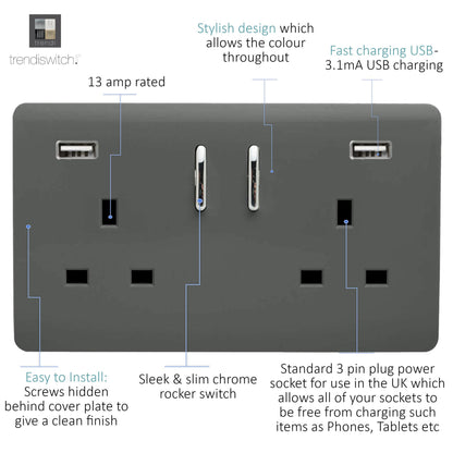 Trendi 2 Gang Artistic Modern Glossy 13 Amp 2 x 3.1mA USB Switched Plug Socket Charcoal