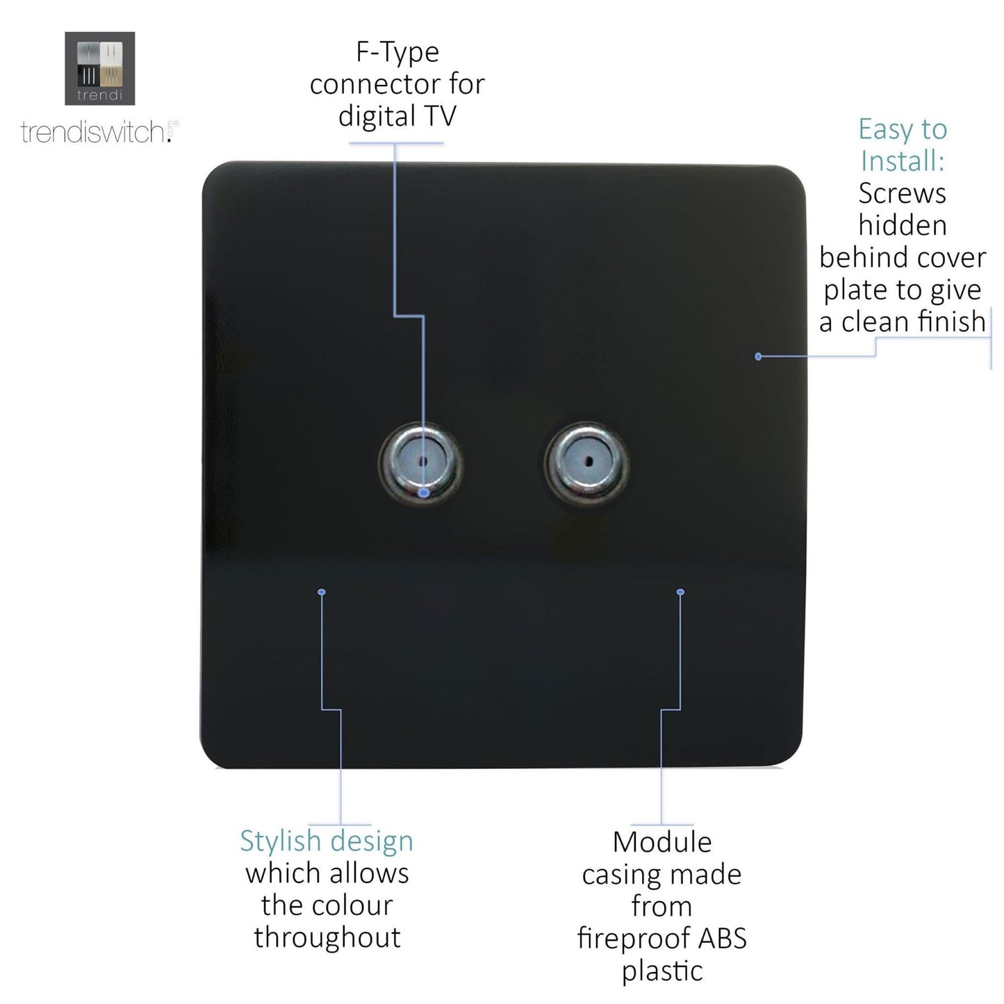 Trendi Switch 2 Gang Male F-Type Satellite Television Socket in Piano Black