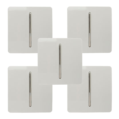 Trendi 1 Gang 2 Way 240V Screwless Artistic Modern Glossy 10 Amp Chrome Rocker Electrical Wall Light Switch in Ice White (5 pack)