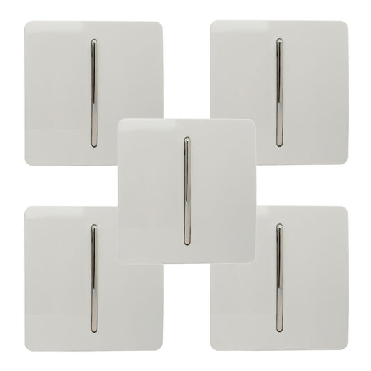 Trendi 1 Gang 2 Way 240V Screwless Artistic Modern Glossy 10 Amp Chrome Rocker Electrical Wall Light Switch in Ice White (5 pack)