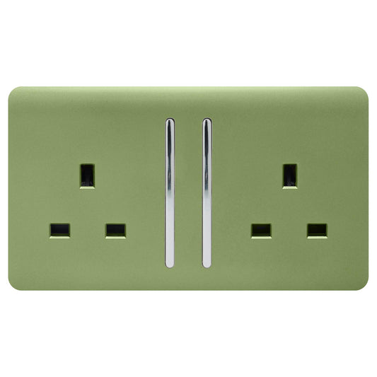 Trendi 2 Gang Artistic Modern Glossy 13 Amp Switched  Plug Socket Moss Green (3 Pack)