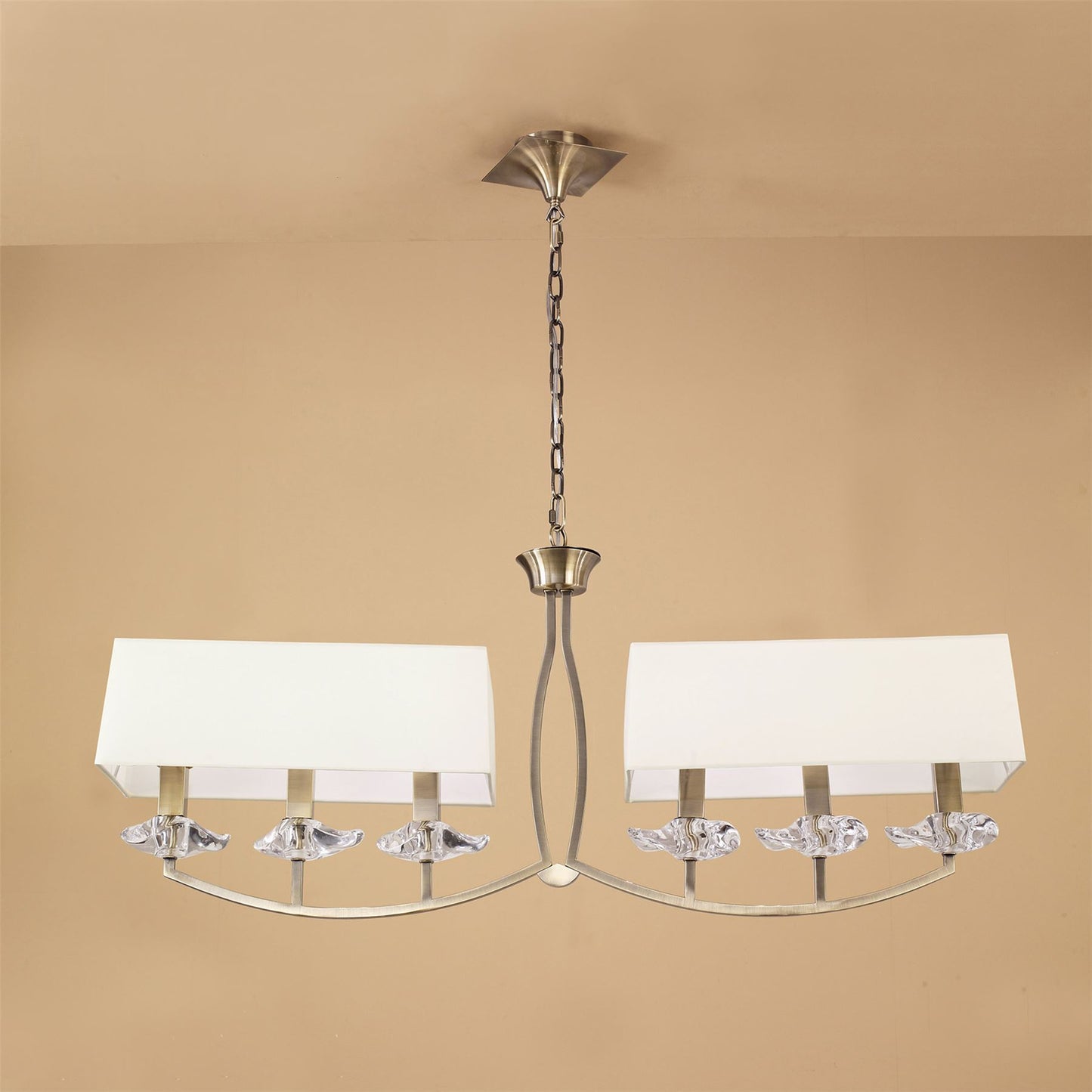 Mantra Akira Linear Pendant 2 Arm 6 Light E14, Antique Brass with Cream Shades