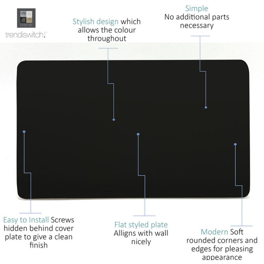 Trendi Switch Artistic Modern Glossy Decorative Screwless Standard Double Wall Blanking Plate for Electrical Sockets, Outlet with Screws in Piano Black - ART-2BLKBK
