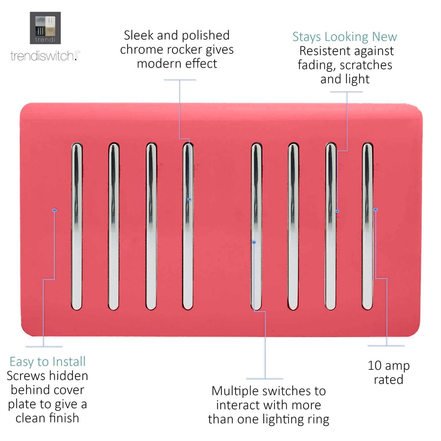 Trendi Artistic Modern Glossy 8 Gang 2 Way Rocker  Double Plate Tactile Light Switch Strawberry