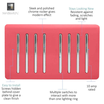 Trendi Artistic Modern Glossy 8 Gang 2 Way Rocker  Double Plate Tactile Light Switch Strawberry