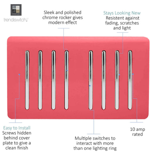 Trendi Artistic Modern Glossy 8 Gang 2 Way Rocker  Double Plate Tactile Light Switch Strawberry