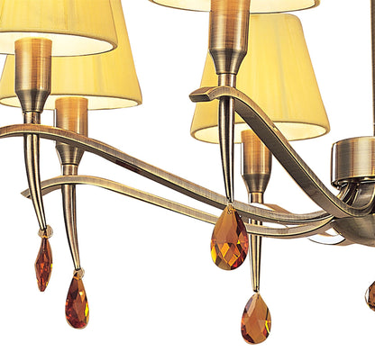 Mantra Siena 63cm Semi Flush Round 6 Light E14, Antique Brass with Amber Cream Shades and Amber Crystal