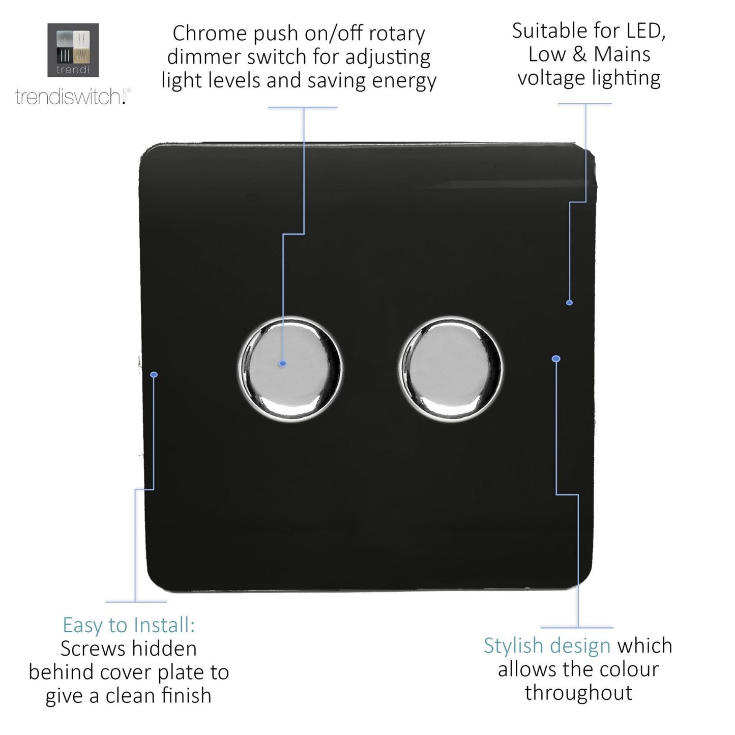 Trendi 2 Gang 2 Way 240V 100w LED Dimmer Screwless Raised Front Plate Plastic Artistic Modern Glossy 10 Amp Chrome Single Electrical Wall Light Switch in Piano Black - ART-2LDMBK