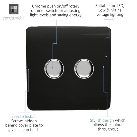 Trendi 2 Gang 2 Way 240V 100w LED Dimmer Screwless Raised Front Plate Plastic Artistic Modern Glossy 10 Amp Chrome Single Electrical Wall Light Switch in Piano Black - ART-2LDMBK
