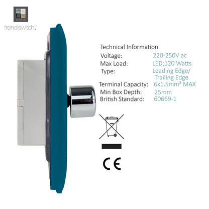 Trendi 1 Gang 2 Way 240V 100w LED Dimmer Screwless Raised Front Plate Plastic Artistic Modern Glossy 10 Amp Chrome Single Electrical Wall Light Switch in Ocean Blue - ART-LDMOB