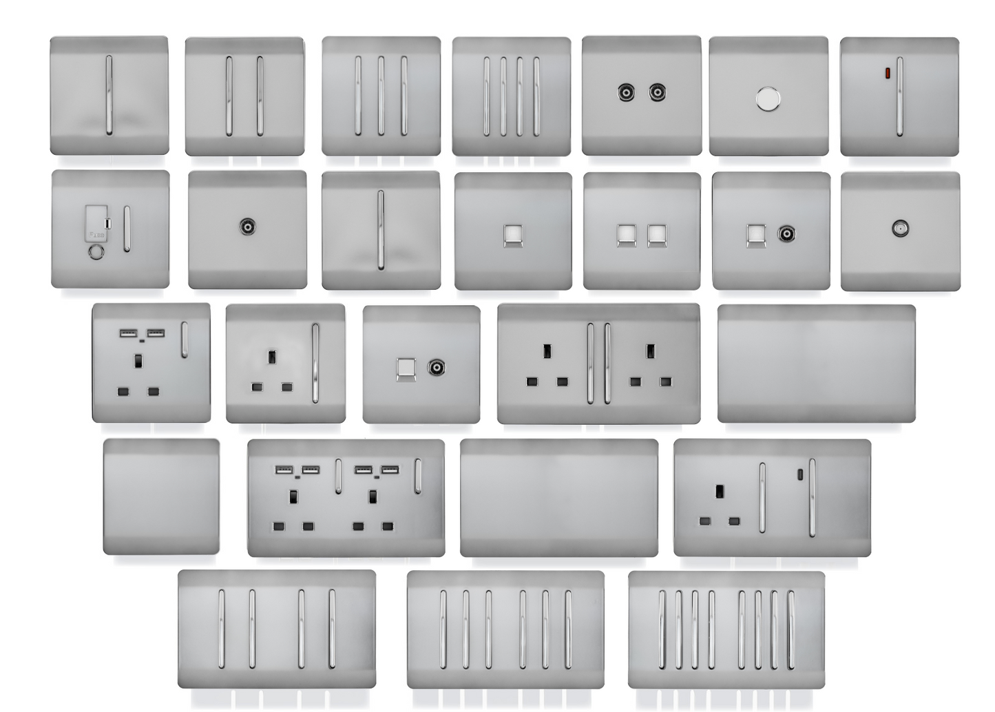 Trendi 2 Gang Artistic Modern Glossy 13 Amp Long Switched Plug Socket Stainless Steel (5 Pack)