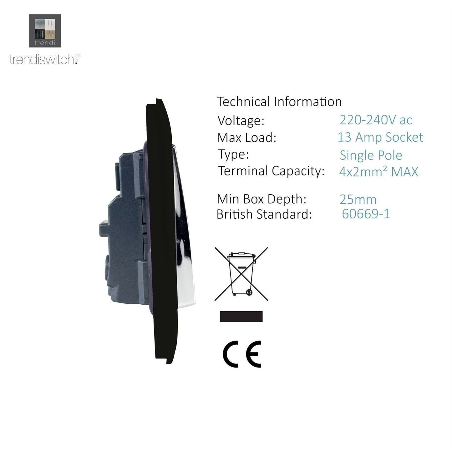 Trendi 2 Gang 13 Amp Switched Plug Socket Matt Black Soft Touch - ART-SKT213LSTB
