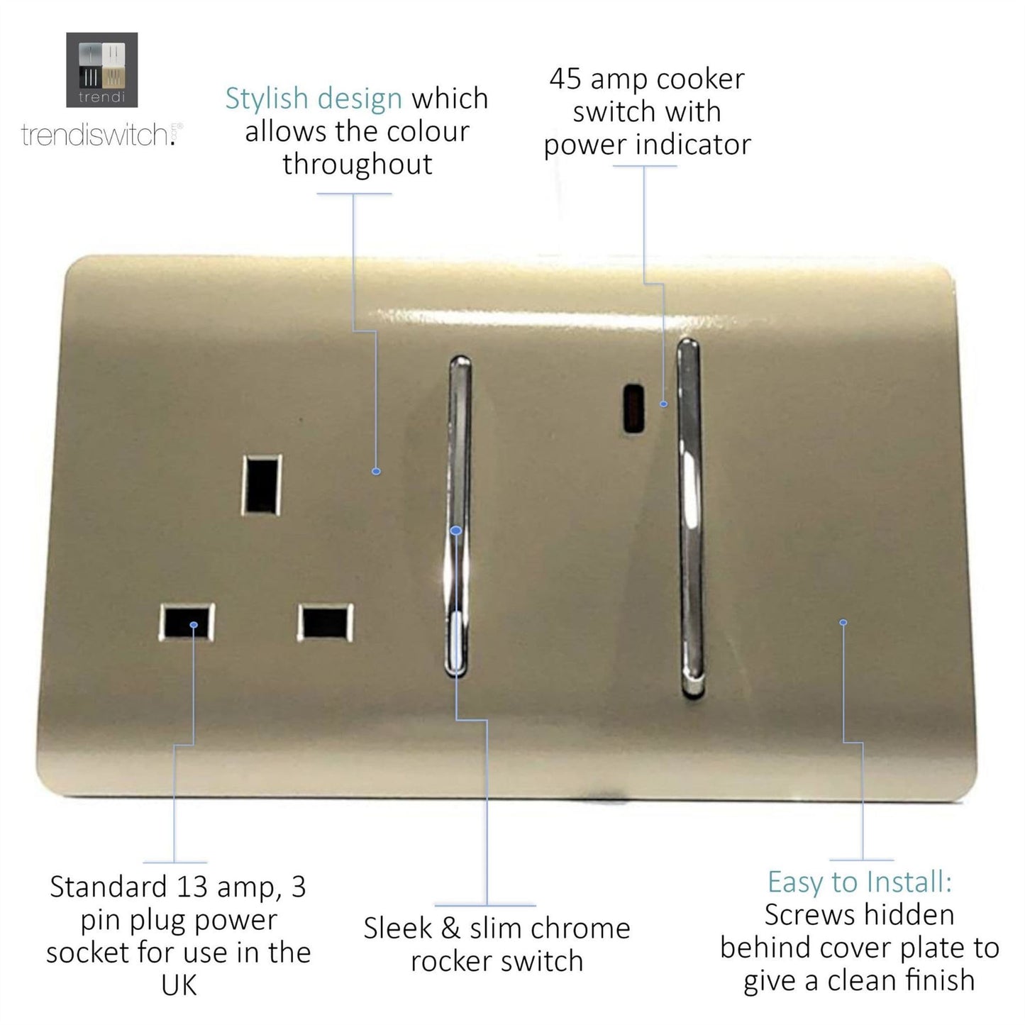 Trendi Artistic Modern 45 A Cooker Switch Inc Plug Socket & Neon Insert Gold
