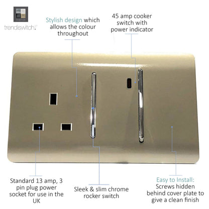 Trendi Artistic Modern 45 A Cooker Switch Inc Plug Socket & Neon Insert Gold