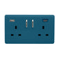Ocean Blue Screwless 2 Gang Switched Double Socket 13A With 1 x USB-A & 1 x USB-C 45W (Shared), (35mm Back Box Req.), 10yrs Warranty