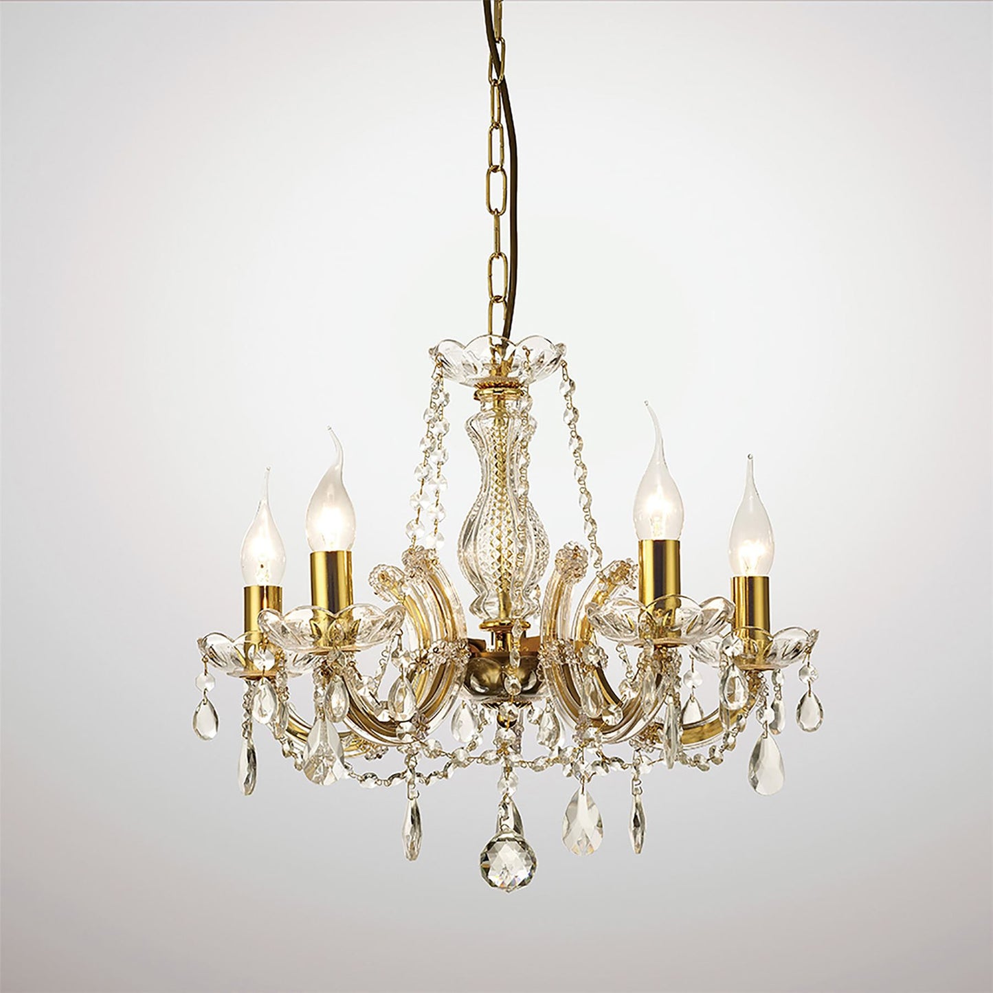 Deco Gabrielle Chandelier with Glass Sconce & Glass Crystal Droplets 5 Light E14 Polished Brass Finish