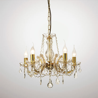 Deco Gabrielle Chandelier with Glass Sconce & Glass Crystal Droplets 5 Light E14 Polished Brass Finish