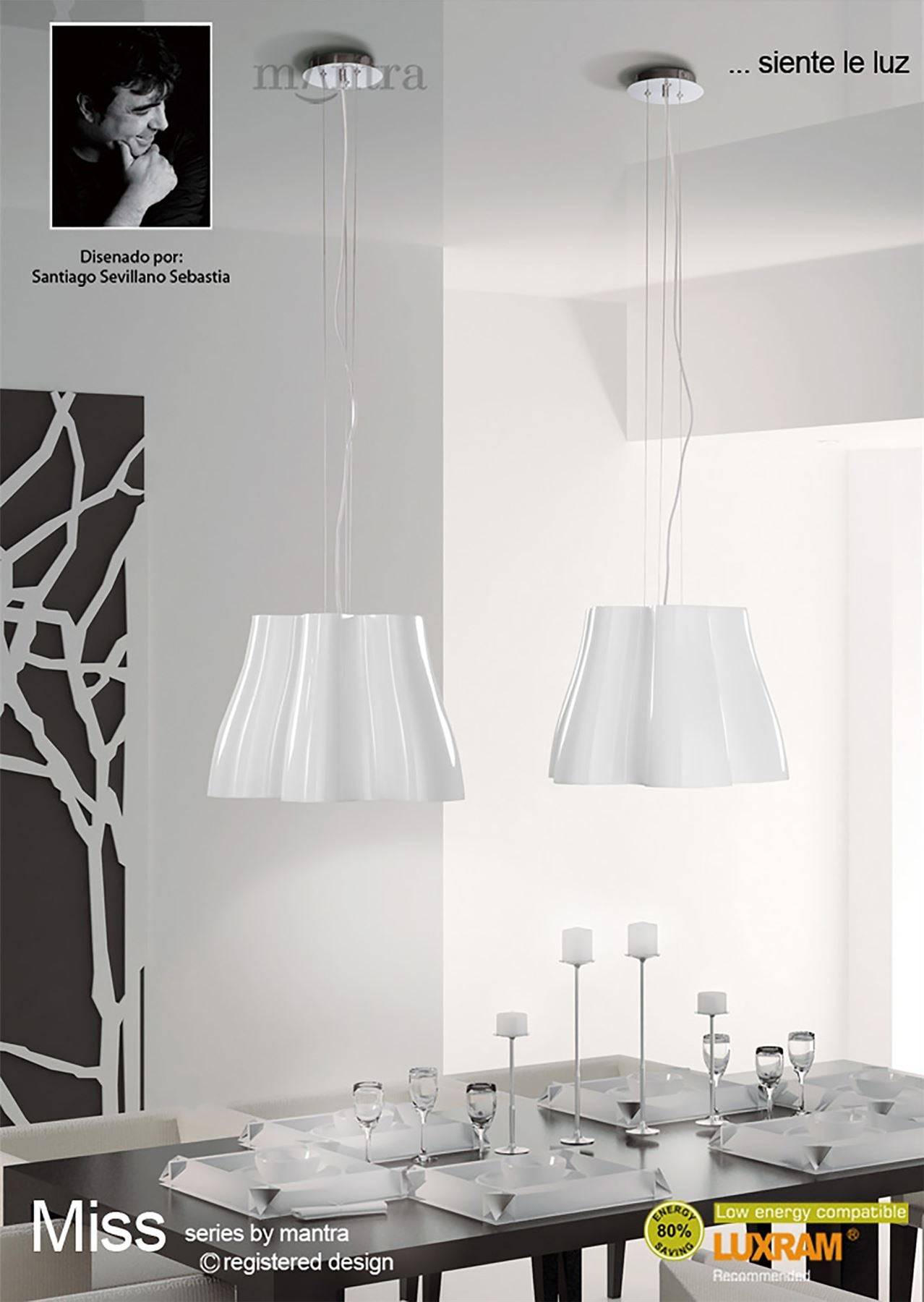 Mantra M3720 Miss Pendant 3 Light E27, Gloss White/Polished Chrome