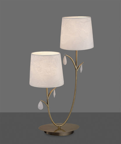 Mantra M6338 Andrea Table Lamp 63cm, 2 x E14 (Max 20W), Antique Brass, White Shades, White Crystal Droplets