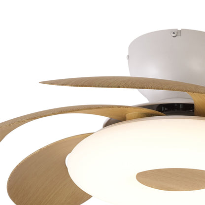 Flowers 50cm 24W LED Dimmable Ceiling Light With Built-In 25W DC Reversible Fan, Remote Control 2700-5000K, 2900lm, White/Wood