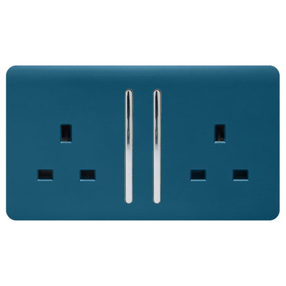 Trendi 2 Gang Raised Artistic Modern Glossy Screwless 13 Amp Single Pole with Chrome Switched UK Standard Electrical Double Wall Plug Socket in Midnight Blue - ART-SKT213LMD