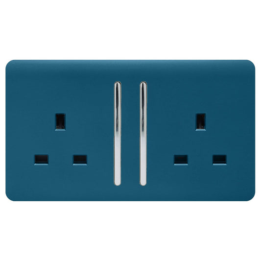 Trendi 2 Gang Raised Artistic Modern Glossy Screwless 13 Amp Single Pole with Chrome Switched UK Standard Electrical Double Wall Plug Socket in Midnight Blue - ART-SKT213LMD