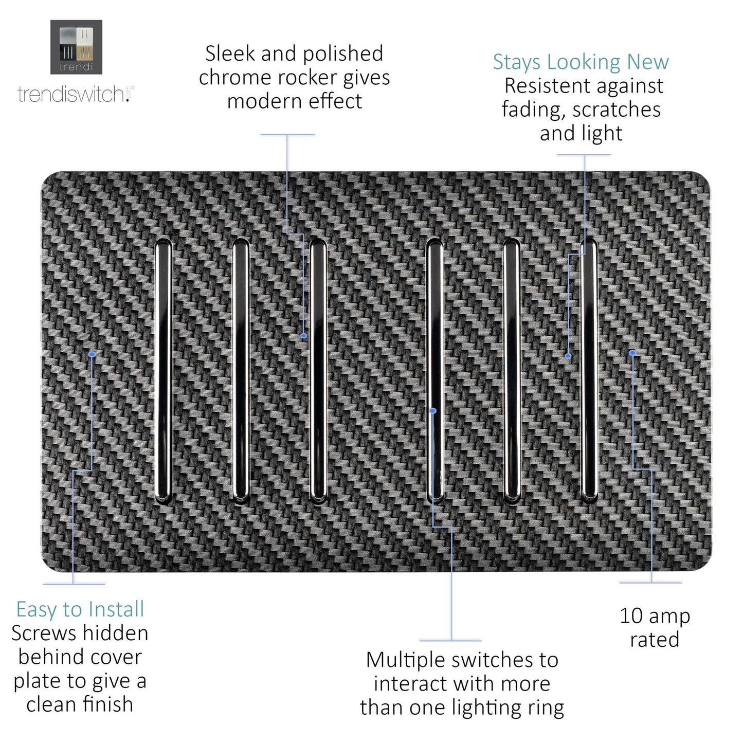 Trendi Switch 6 Gang 1 or 2 Way Modern Designer Light Switch in Carbon Fibre
