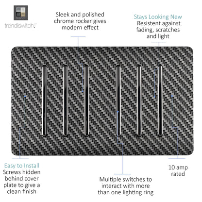 Trendi Switch 6 Gang 1 or 2 Way Modern Designer Light Switch in Carbon Fibre