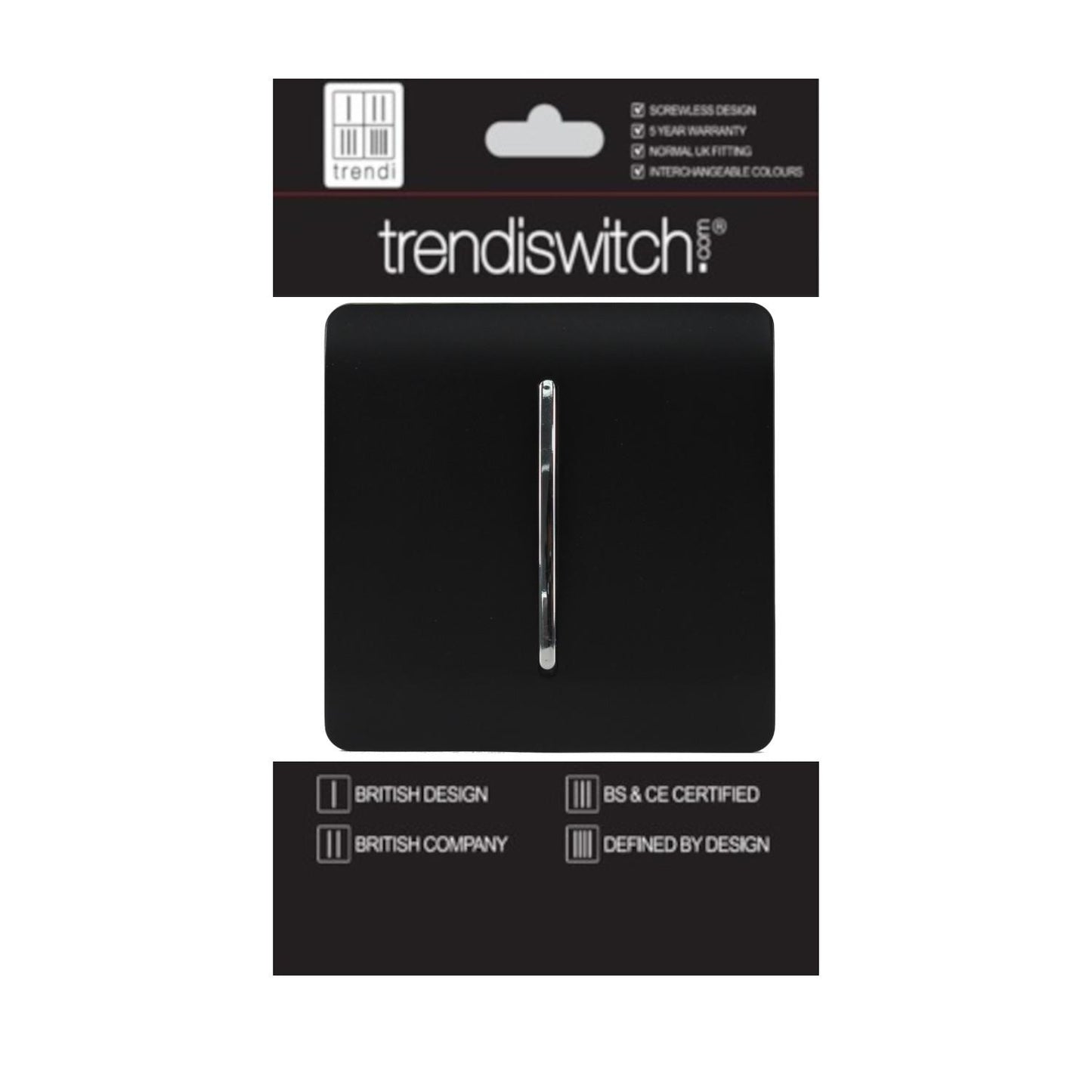 Trendi 1 Gang 2 Way 240V Screwless Artistic Modern Glossy 10 Amp Chrome Rocker Electrical Wall Light Switch in Matt Black (3 pack)