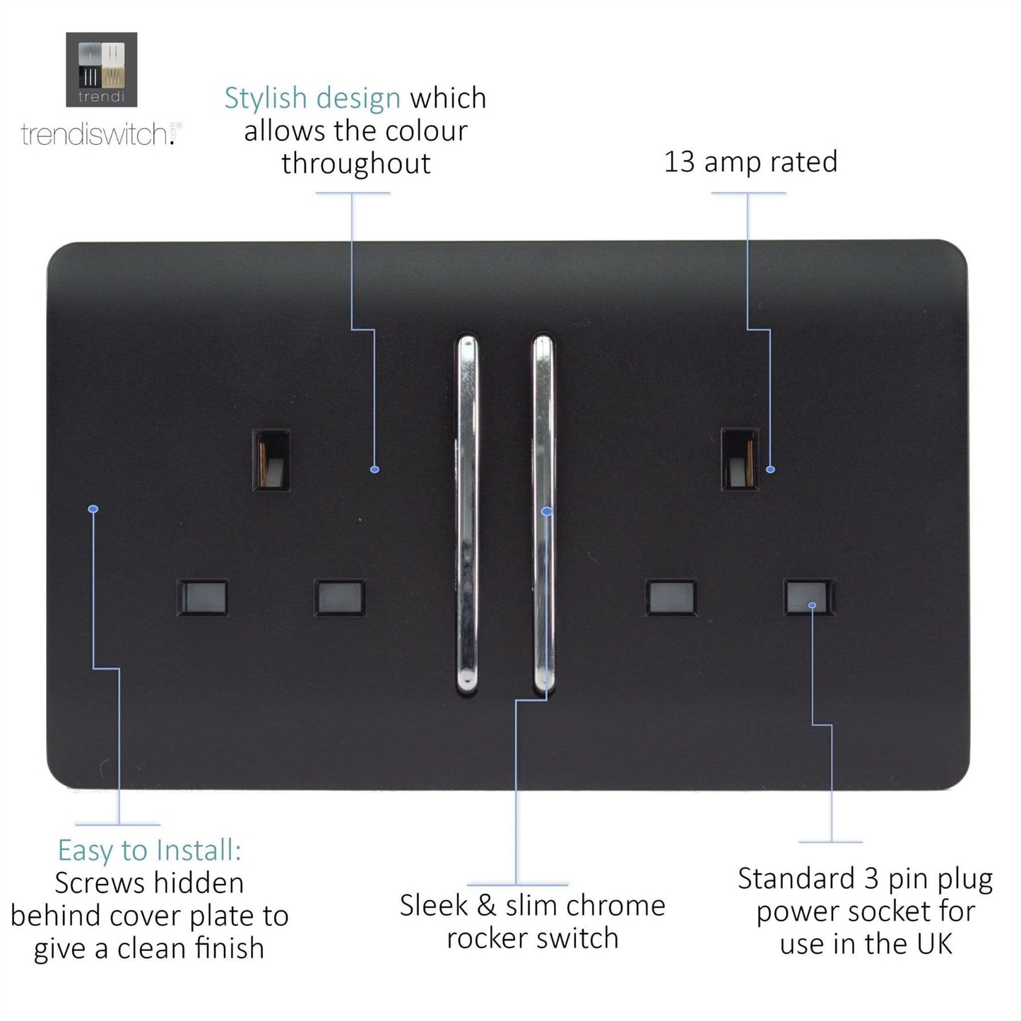 Trendi 2 Gang 13 Amp Switched Plug Socket Matt Black Soft Touch - ART-SKT213LSTB