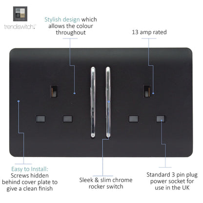 Trendi 2 Gang 13 Amp Switched Plug Socket Matt Black Soft Touch - ART-SKT213LSTB