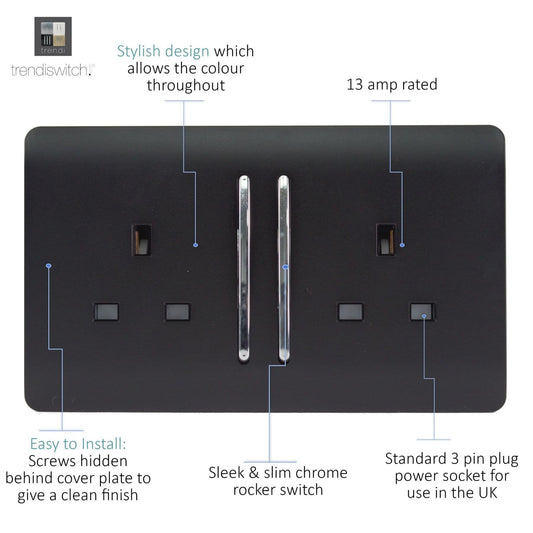 Trendi 2 Gang 13 Amp Switched Plug Socket Matt Black Soft Touch - ART-SKT213LSTB