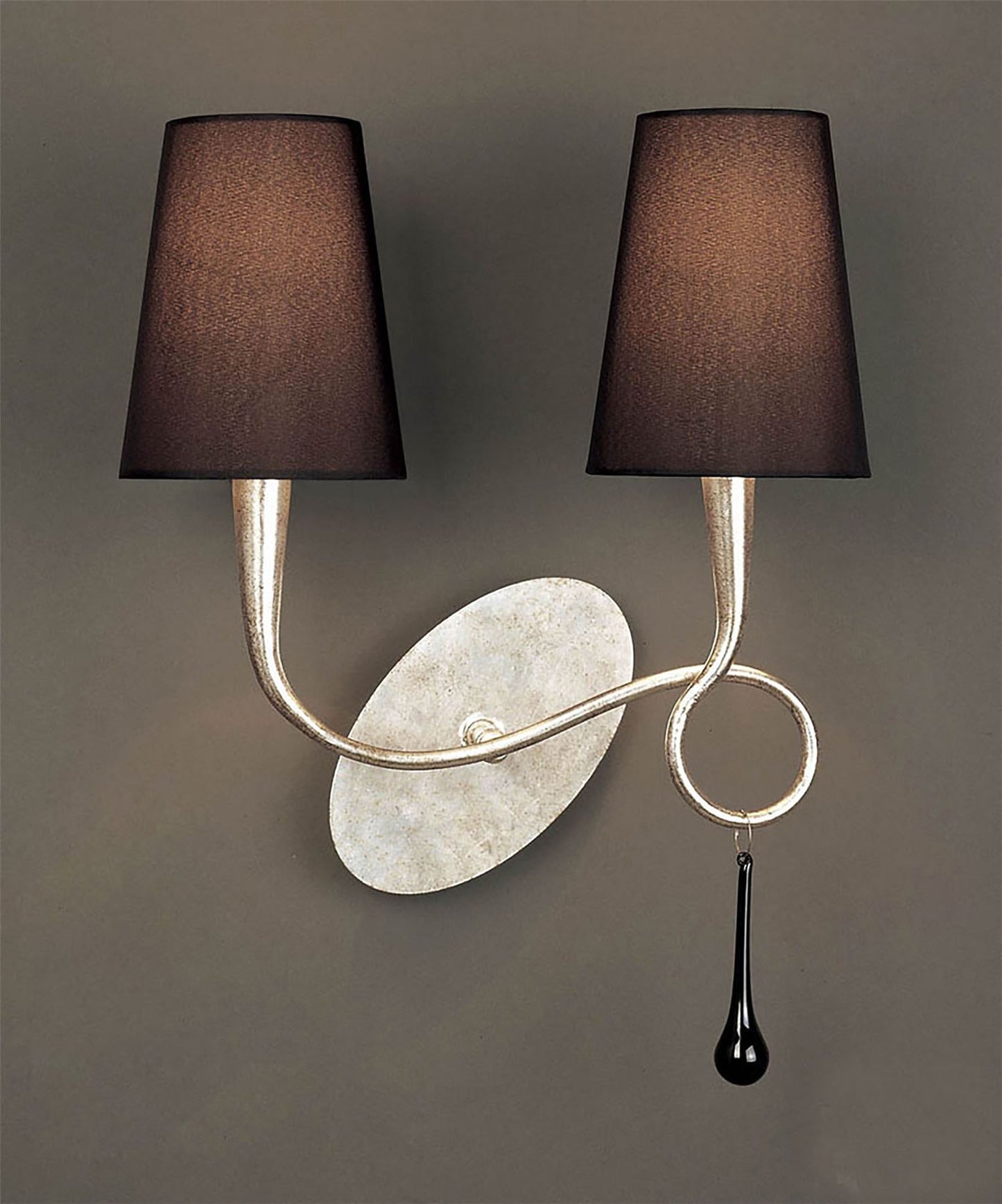 Mantra M0537/S Paola Wall Light Switched 2 Light E14, Silver Painted with Black Shades & Black Glass Droplets - M0537/S