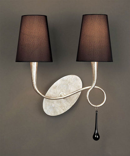 Mantra M0537/S Paola Wall Light Switched 2 Light E14, Silver Painted with Black Shades & Black Glass Droplets - M0537/S