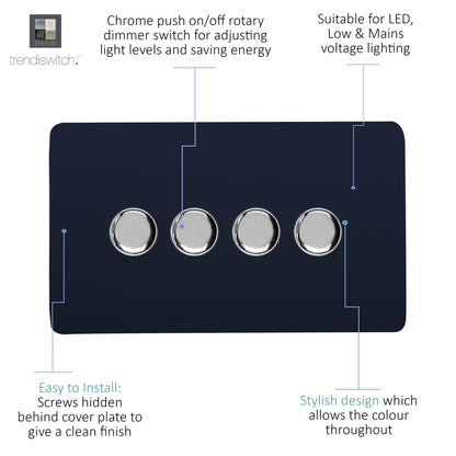 Trendi 4 Gang 2 Way 240V 100w LED Dimmer Screwless Raised Front Plate Plastic Artistic Modern Glossy 10 Amp Chrome Single Electrical Wall Light Switch in Navy - ART-4LDMNV