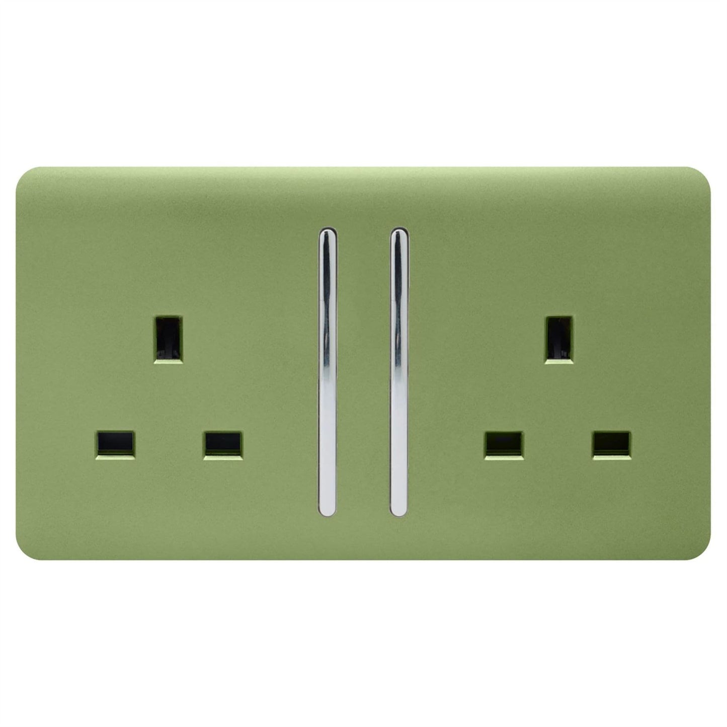Trendi 2 Gang Raised Artistic Modern Glossy Screwless 13 Amp Single Pole with Chrome Switched UK Standard Electrical Double Wall Plug Socket in Moss Green - ART-SKT213LMG