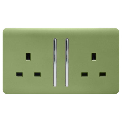 Trendi 2 Gang Raised Artistic Modern Glossy Screwless 13 Amp Single Pole with Chrome Switched UK Standard Electrical Double Wall Plug Socket in Moss Green - ART-SKT213LMG