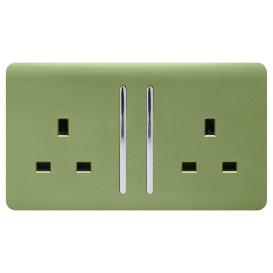 Trendi 2 Gang Raised Artistic Modern Glossy Screwless 13 Amp Single Pole with Chrome Switched UK Standard Electrical Double Wall Plug Socket in Moss Green - ART-SKT213LMG