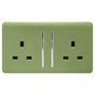 Trendi 2 Gang Raised Artistic Modern Glossy Screwless 13 Amp Single Pole with Chrome Switched UK Standard Electrical Double Wall Plug Socket in Moss Green - ART-SKT213LMG