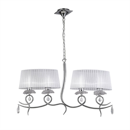 Mantra M5272 Louise Linear Pendant 2 Arm 4 Light E27 with White Oval Shades Polished Chrome/Clear Crystal