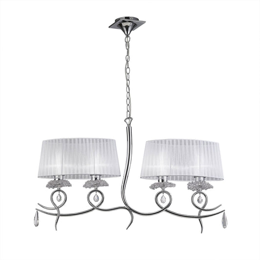 Mantra M5272 Louise Linear Pendant 2 Arm 4 Light E27 with White Oval Shades Polished Chrome/Clear Crystal
