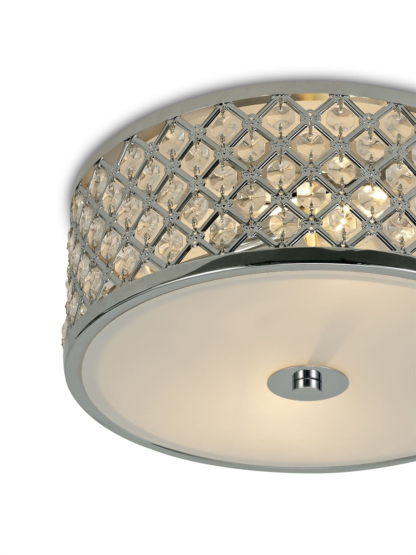 Deco Sasha 2 Light E14, Flush Ceiling Light, 300mm Round, Polished Chrome with Crystal Glass and Opal Glass Diffuser