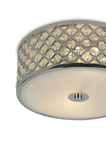 Deco Sasha 2 Light E14, Flush Ceiling Light, 300mm Round, Polished Chrome with Crystal Glass and Opal Glass Diffuser