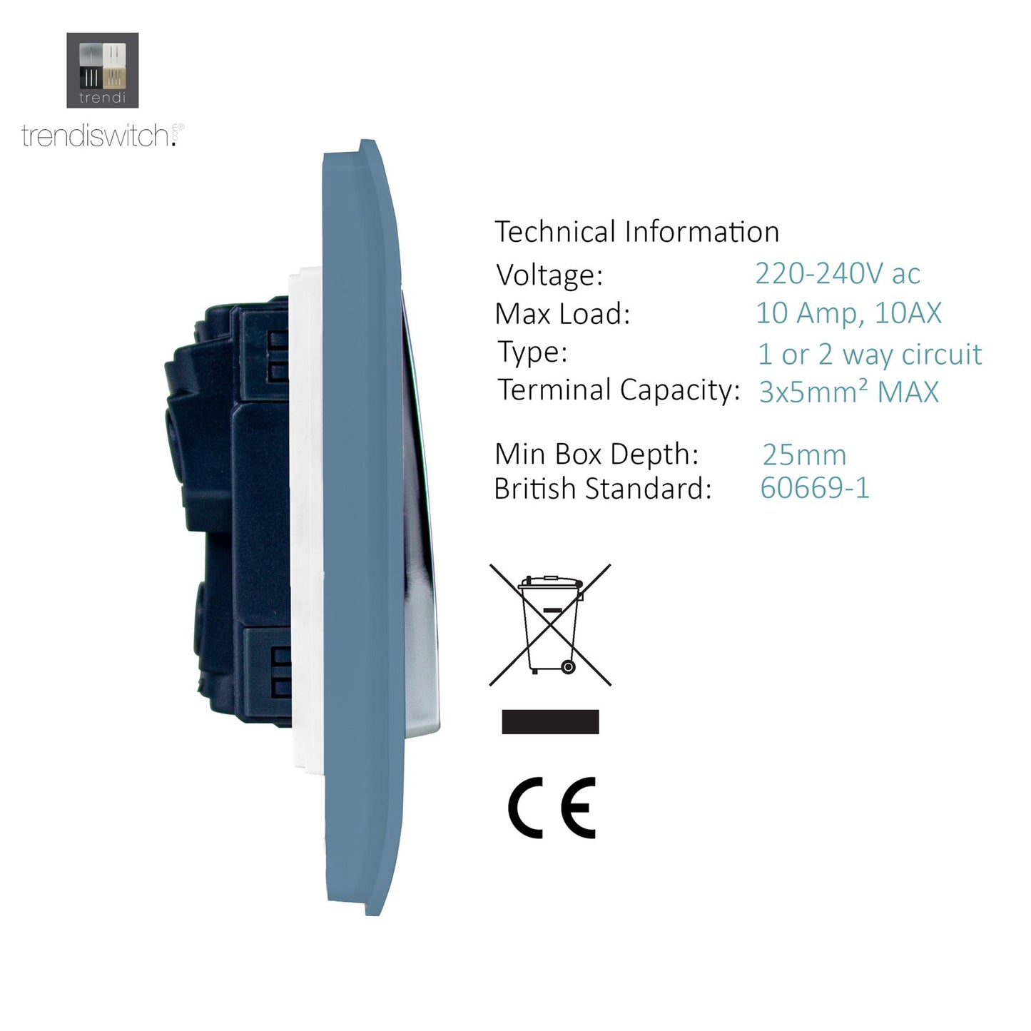 Trendi 1 Gang 2 Way 240V Screwless Artistic Modern Glossy 10 Amp Chrome Rocker Electrical Wall Light Switch in Sky Blue (2 pack)