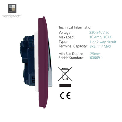 Trendi Artistic Modern Glossy 8 Gang 2 Way Rocker  Double Plate Tactile Light Switch Plum