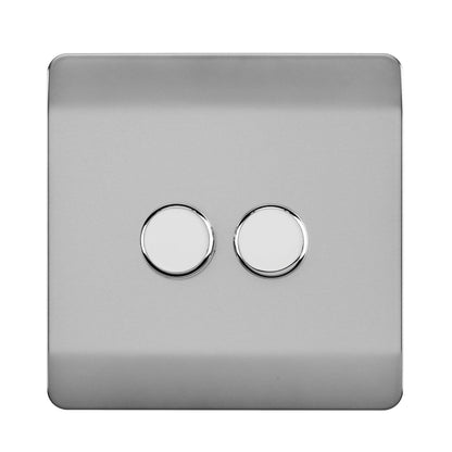 Trendi 2 Gang 2 Way 240V 100w LED Dimmer Screwless Raised Front Plate Plastic Artistic Modern Glossy 10 Amp Chrome Single Electrical Wall Light Switch in Brushed Steel - ART-2LDMBS
