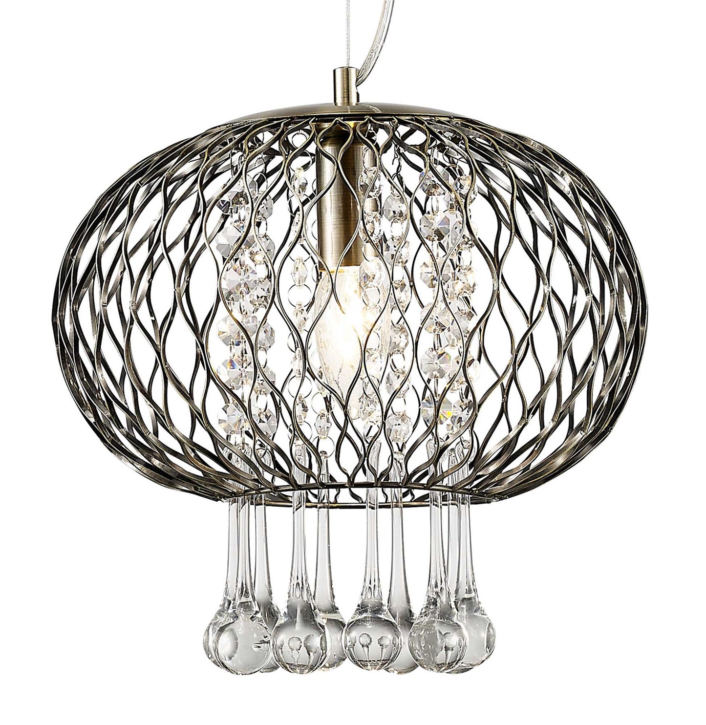 Diyas Chelsie 28cm Medium  1 Light E14 Antique Brass/Clear Beaded Glass Ceiling Pendant Light Fitting