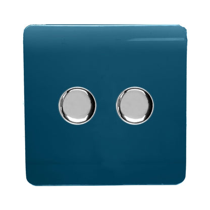 Trendi 2 Gang 2 Way 240V 100w LED Dimmer Screwless Raised Front Plate Plastic Artistic Modern Glossy 10 Amp Chrome Single Electrical Wall Light Switch in Midnight Blue - ART-2LDMMD