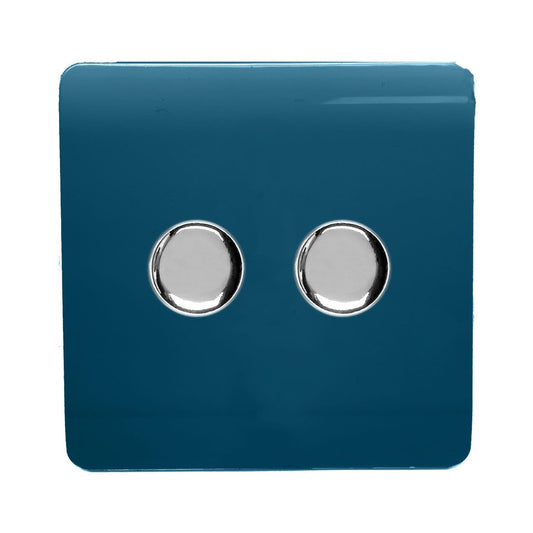 Trendi 2 Gang 2 Way 240V 100w LED Dimmer Screwless Raised Front Plate Plastic Artistic Modern Glossy 10 Amp Chrome Single Electrical Wall Light Switch in Midnight Blue - ART-2LDMMD