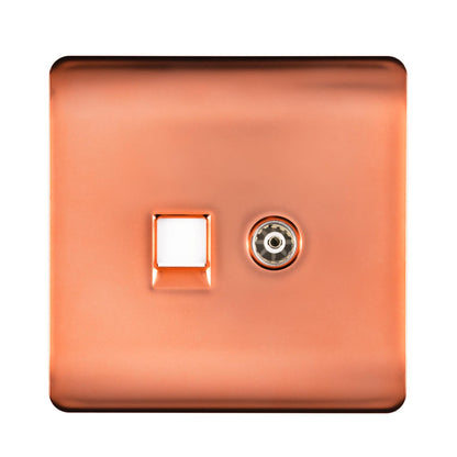 Trendi Artistic Modern Glossy Tactile TV Co-axial Socket + Telephone Socket Copper